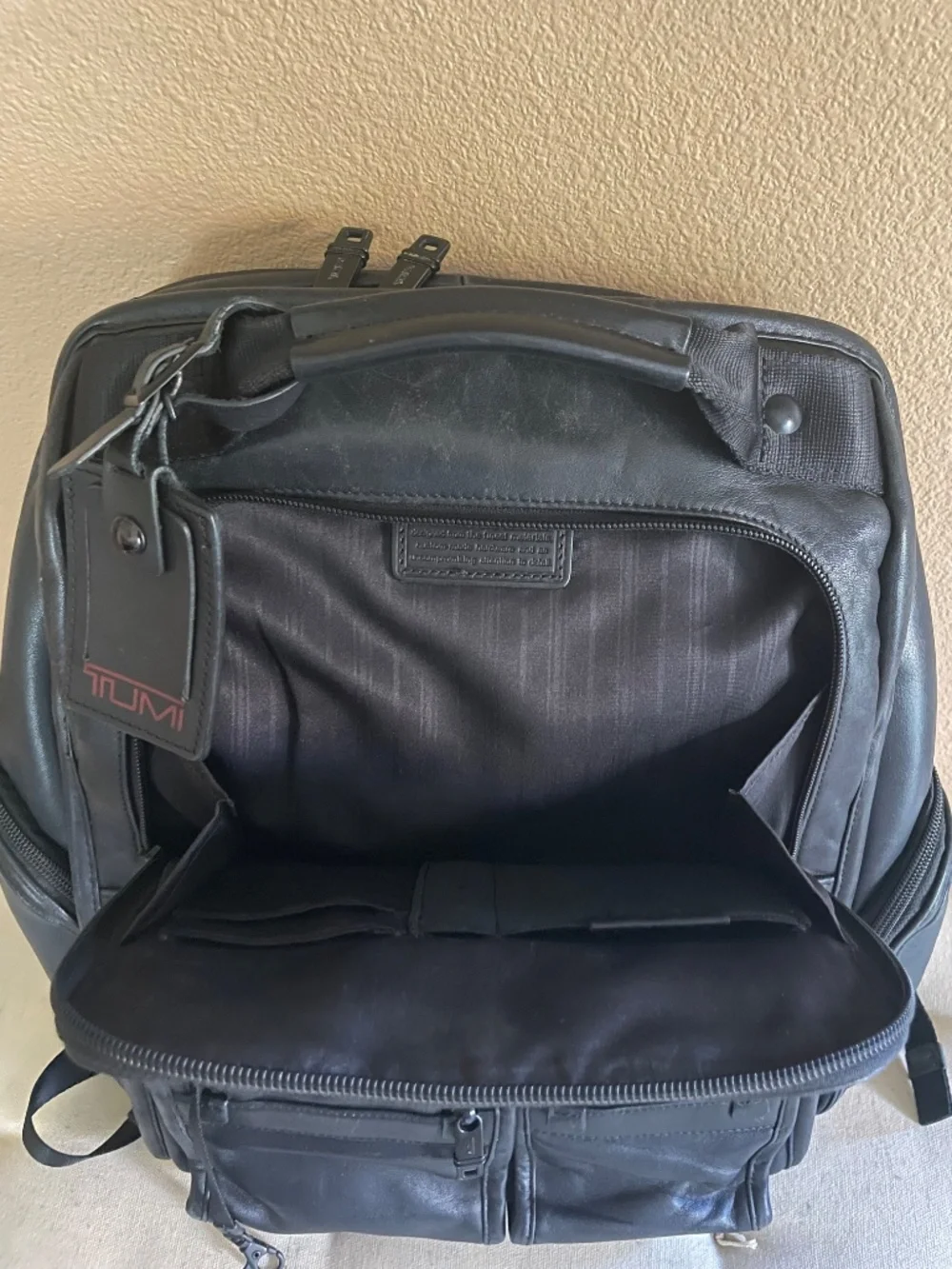 TUMI Black Leather Laptop Backpack